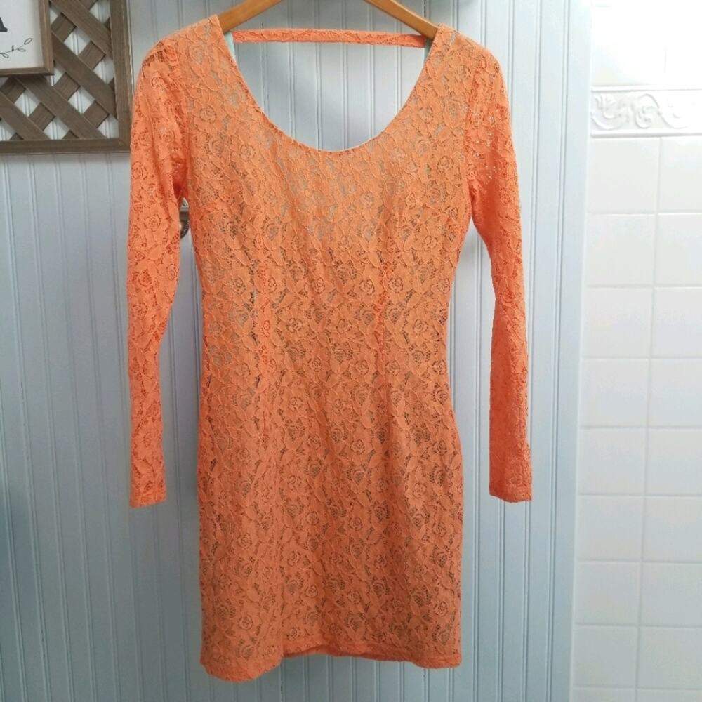 Ark & Co. Orange Lace Long Sleeve Scoop Neck Dress